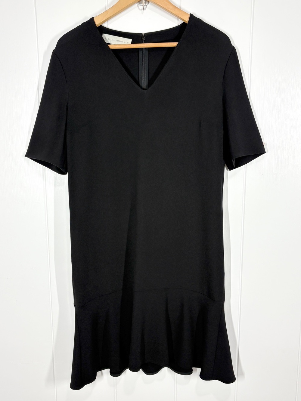 Stella McCartney V-Neck Half Sleeve Shift Dress Ruffle Hem Size Medium Black